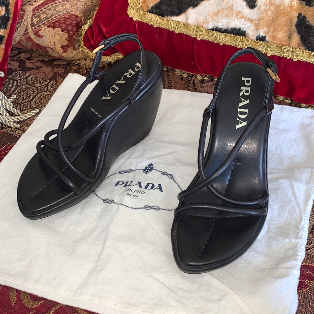 Prada Black Leather Wedge Sandals - Women's